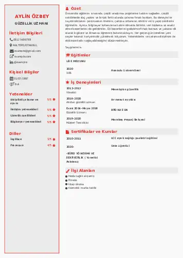 Güzellik Uzmanı Cv Örnekleri  cv indir